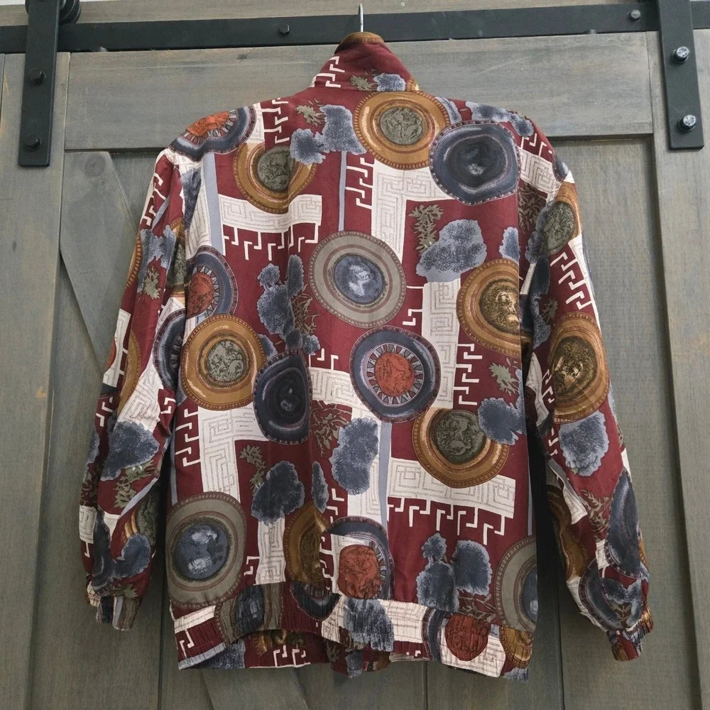 FU DA International Silk Bomber Jacket Small Burgundy Medallion Vintage - Picture 2 of 8